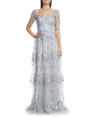 Theia Embellished Tiered Gown Beading & Tulle Pale Lilac Size 8 NWT Elegant